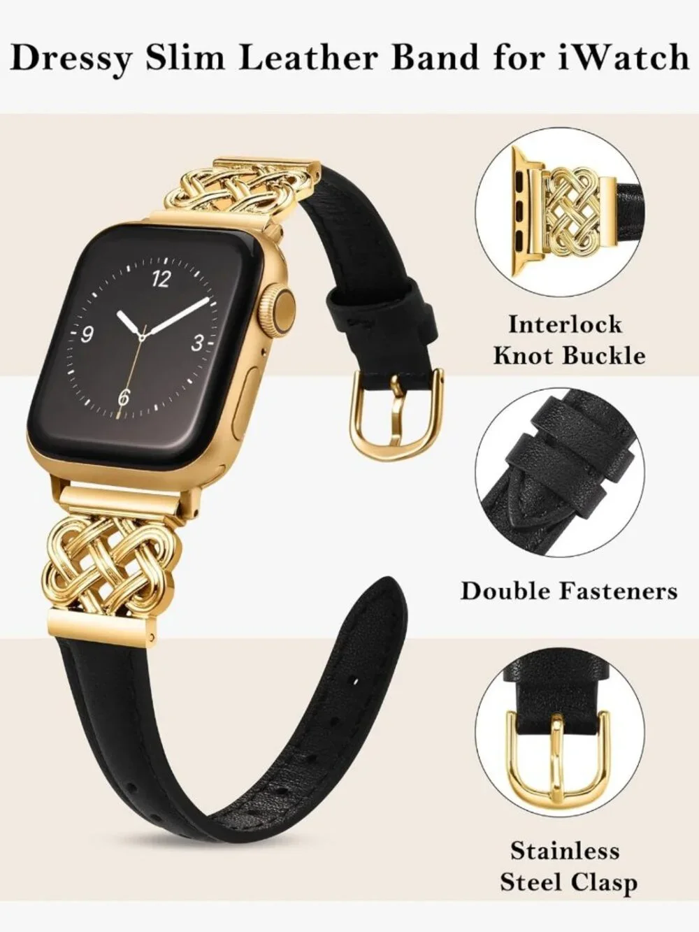 Stylish Slim Leather Apple Watch Band for Women - Celtic Knot Buckle, Black/Gold